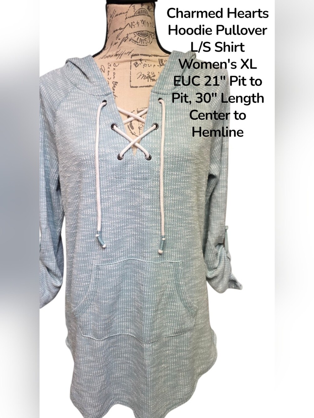 Charmed Hearts Lace-Up Hoodie Tunic in Lt Blue Heather Women's XL Euc
